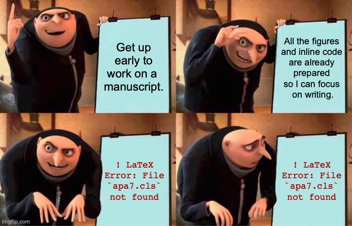 Gru's evil plan meme. Panel 1: Get up early to work on a manuscript; Panel 2: All the figures and inline code are already prepared so I can focus on writing; Panel 3: !LaTeX Error: File `apa7.cls` not found. Panel 4: !LaTeX Error: File `apa7.cls` not found.